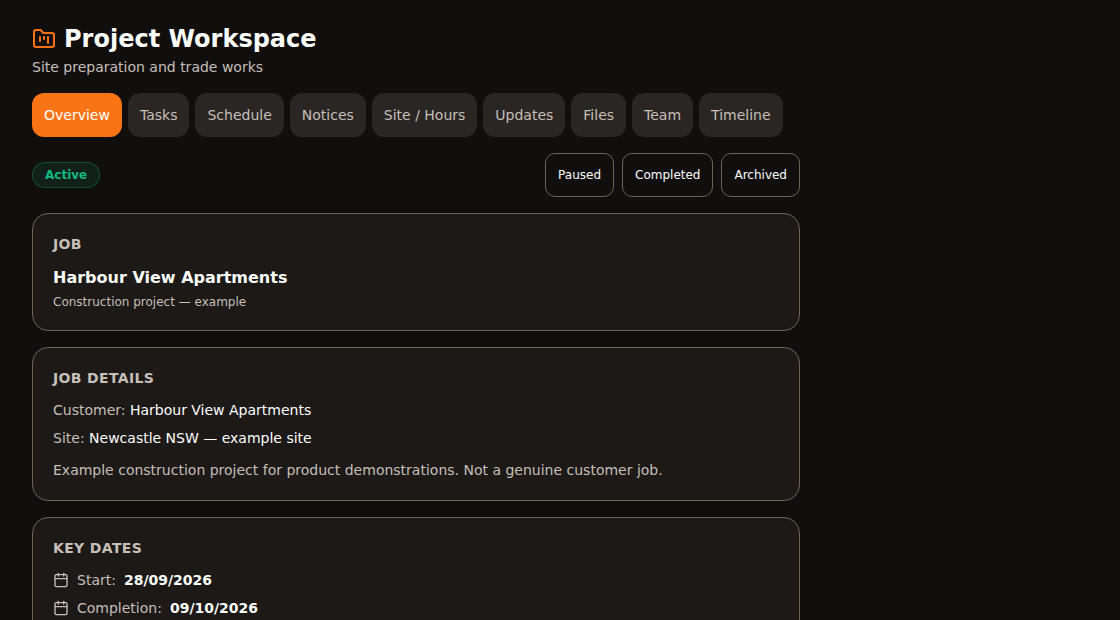 Actual SubbieSpace Project Workspace screen, using example data