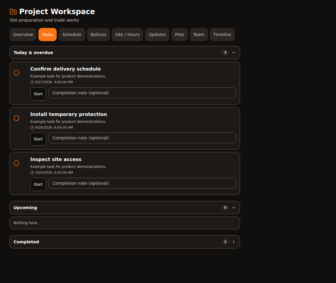 Actual SubbieSpace Assigned tasks screen, using example data