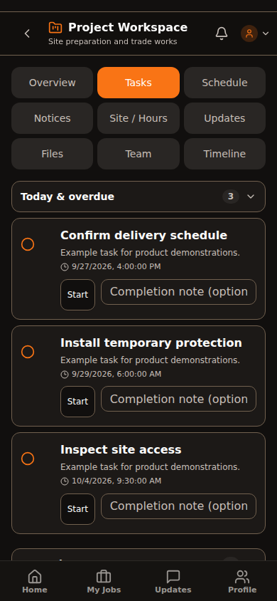 Actual SubbieSpace Assigned tasks screen, using example data