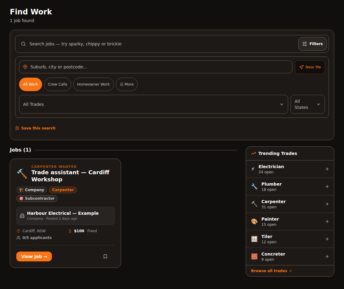 Actual SubbieSpace Work discovery screen, using example data
